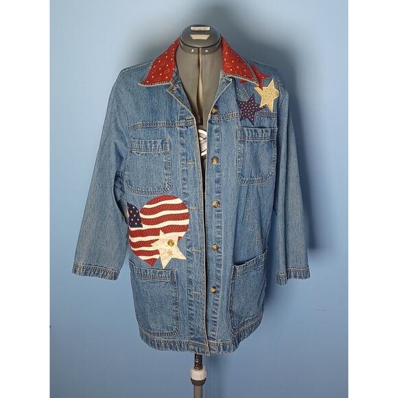 Cabin Creek Jackets & Blazers - Cabin Creek Denim Chore Coat Womens Medium Americana Stars Hearts Red,White,Blue